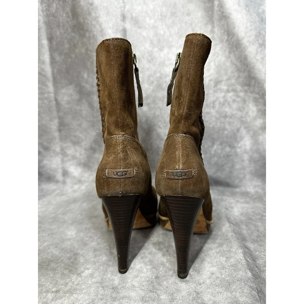 UGG Bianka Brown Suede Platform Mid-Calf Boots Braided Trim Shearling Lined Sz 8